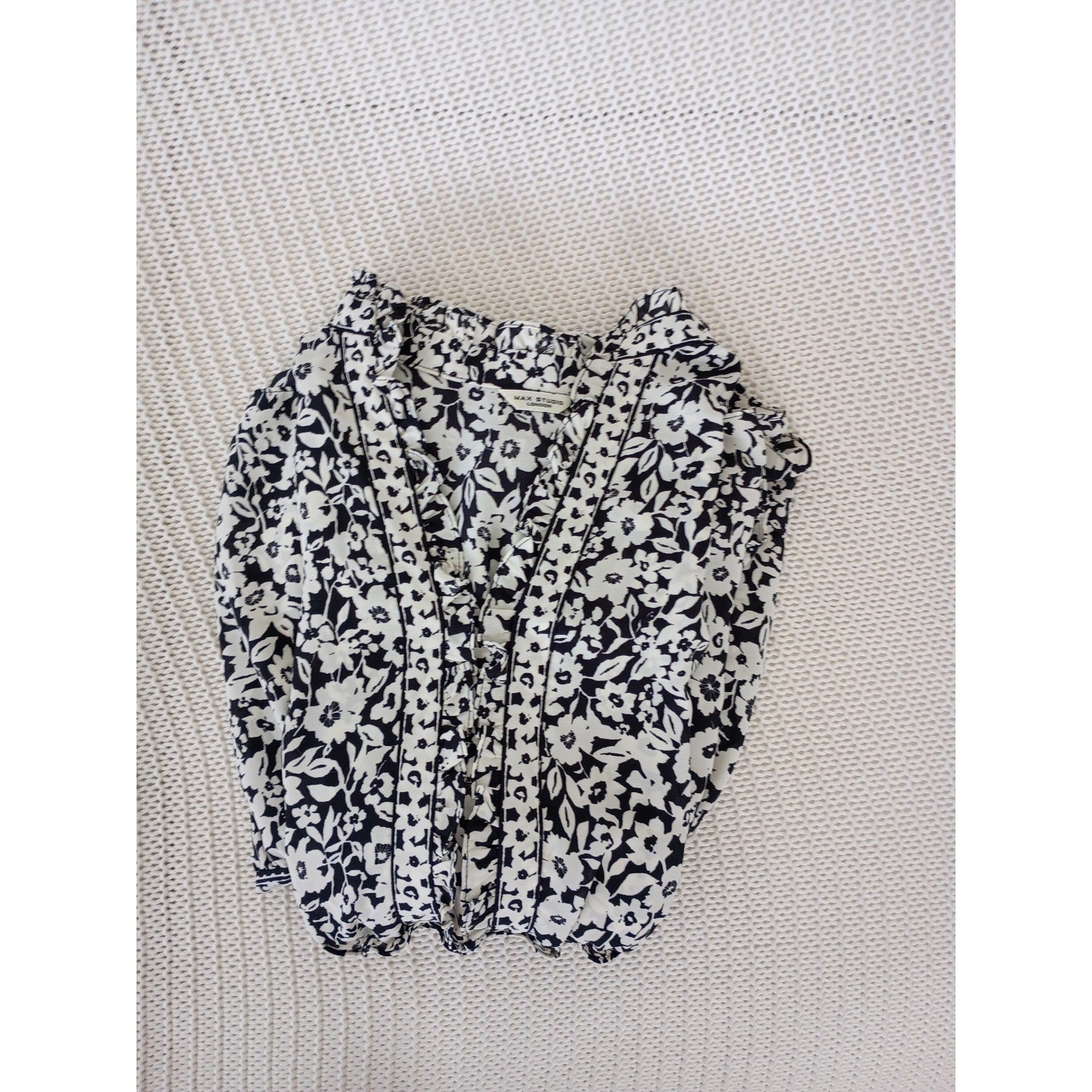 Max Studio London Black White Floral Smocked Waist Tiered Midi Dress Medium