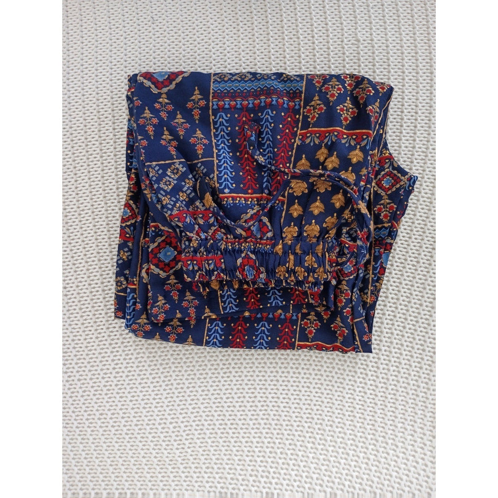 RHEA NWT Silk Blend Bohemian Patchwork Wide Leg Pants S/M Navy Red Gold Boho
