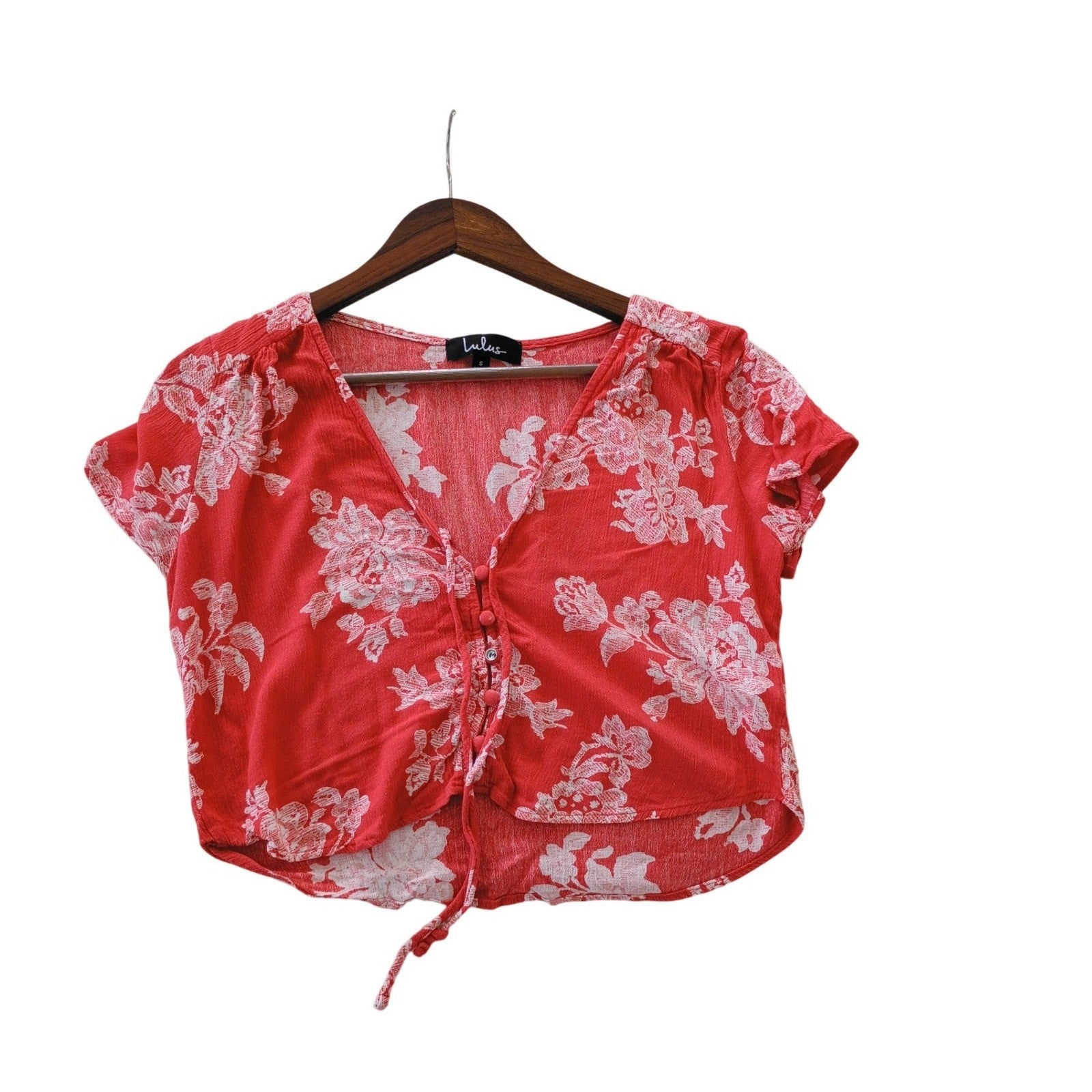 Lulus Coquette Red White Floral Tie Front Crop Top Puff Sleeve Milkmaid S