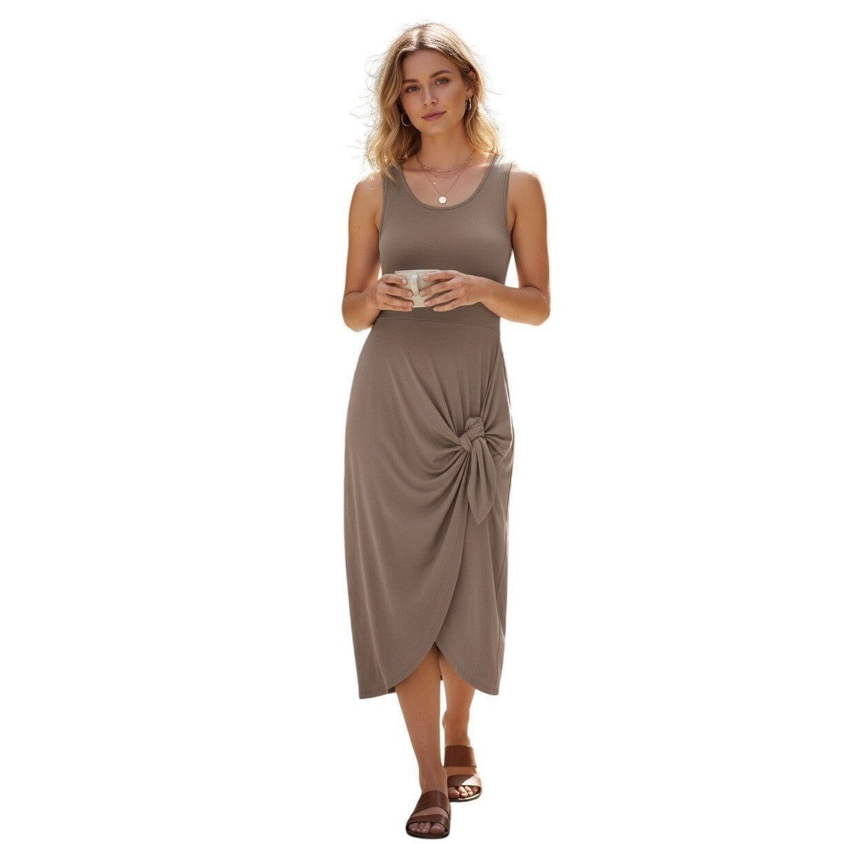 Taupe Knot Front Midi Dress Minimalist Sleeveless Modal Blend Neutral Medium