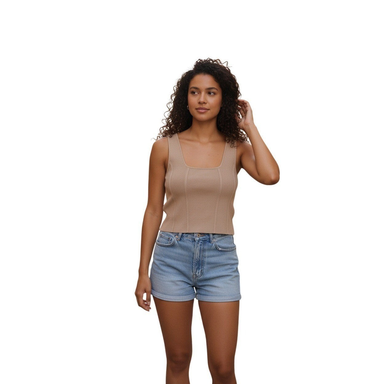 ZARA Knit Tank Top Square Neck Sleeveless Beige Crop Size M
