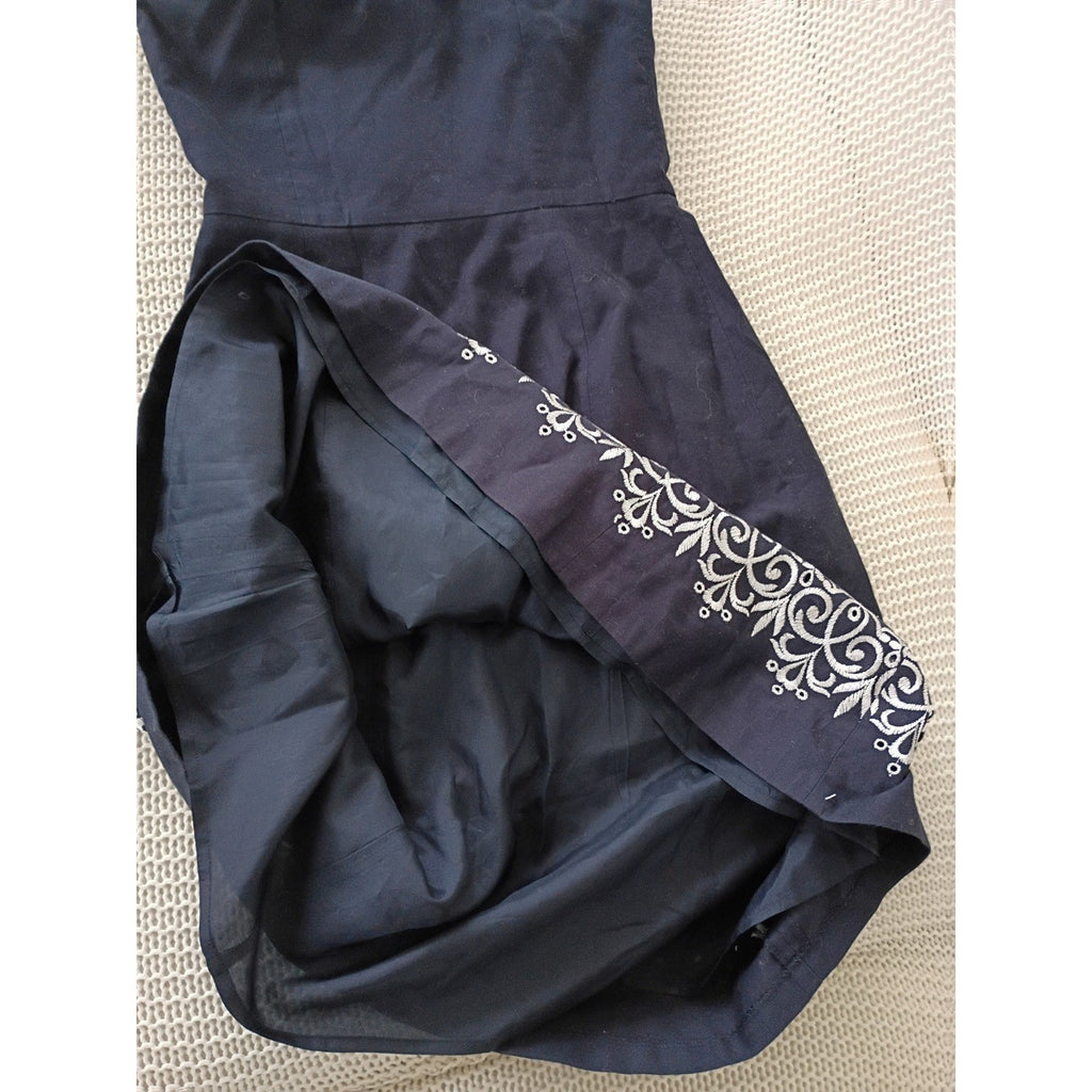 Ann Taylor Navy Blue Strapless Embroidered A-Line Dress Small 100% Cotton Summer