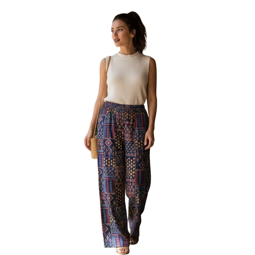 RHEA NWT Silk Blend Bohemian Patchwork Wide Leg Pants S/M Navy Red Gold Boho