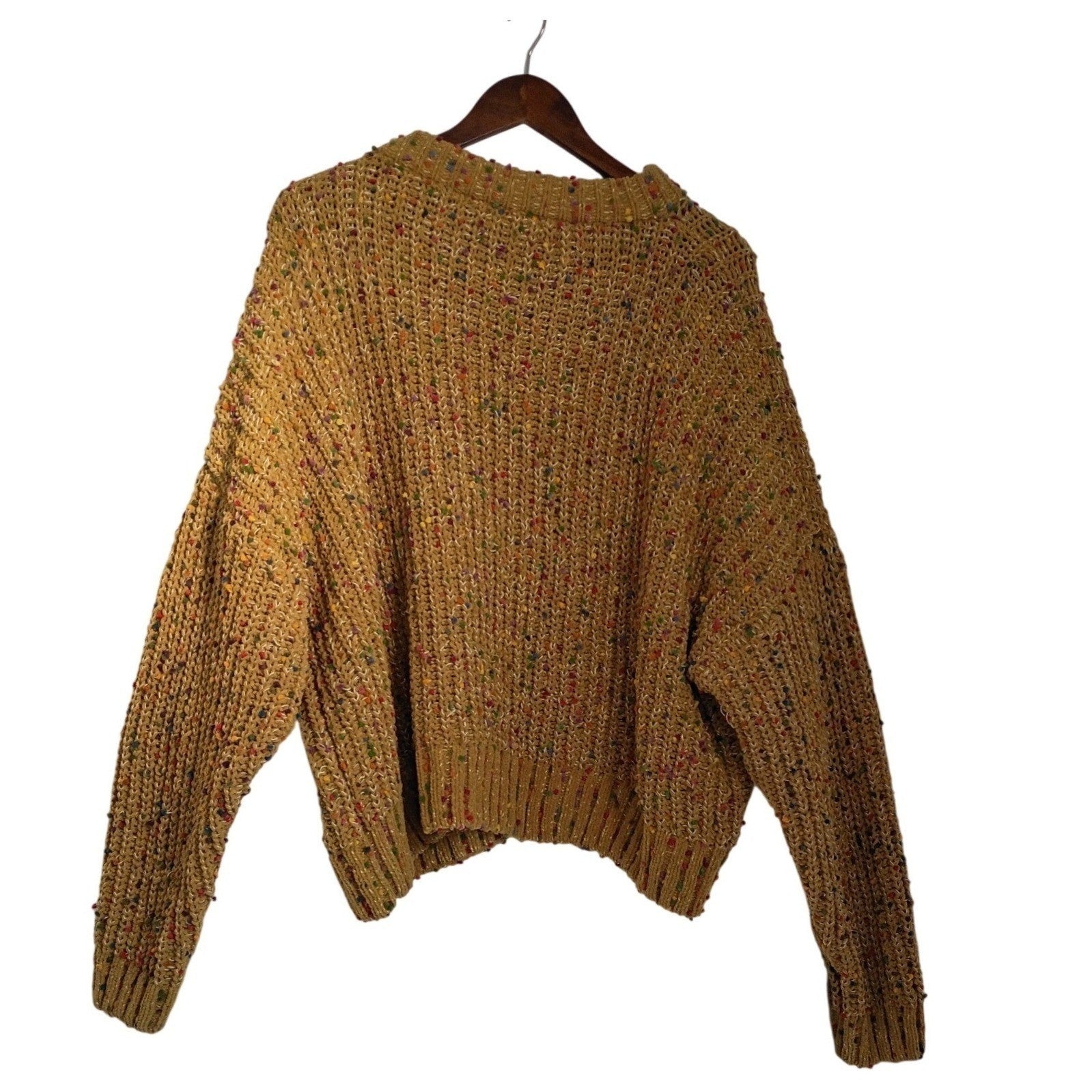 Easel Mustard Boho Eclectic Yellow Confetti Pom Pom Chunky Knit Crew Nck Sweater