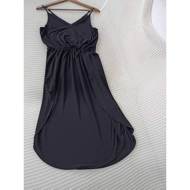 1.STATE Black Wrap Dress S NWOT Tulip Hem Midi VNeck Stretch Cocktail Minimalist