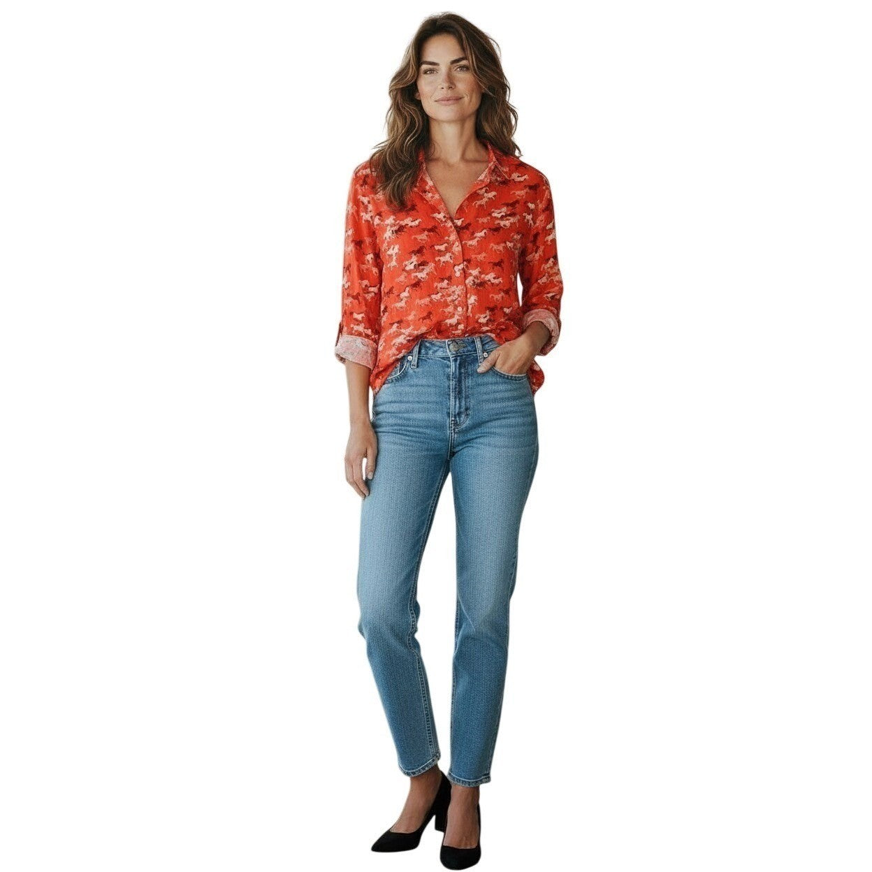 LOFT Red Horse Print 100% Cotton  Button Down Shirt Size M Long Sleeve
