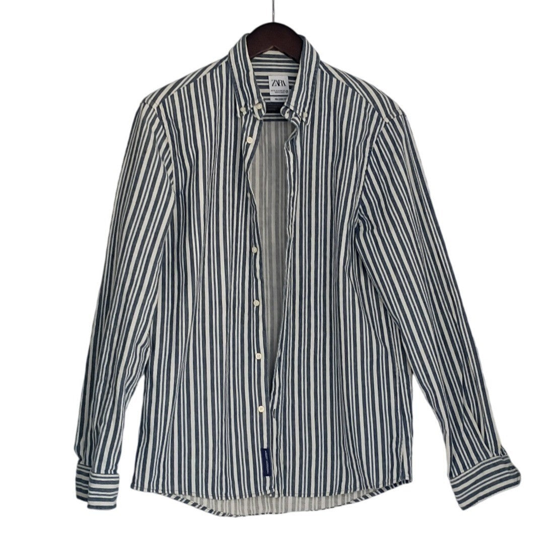 ZARA Men's Blue White Striped Button Down Shirt Medium 98% Cotton