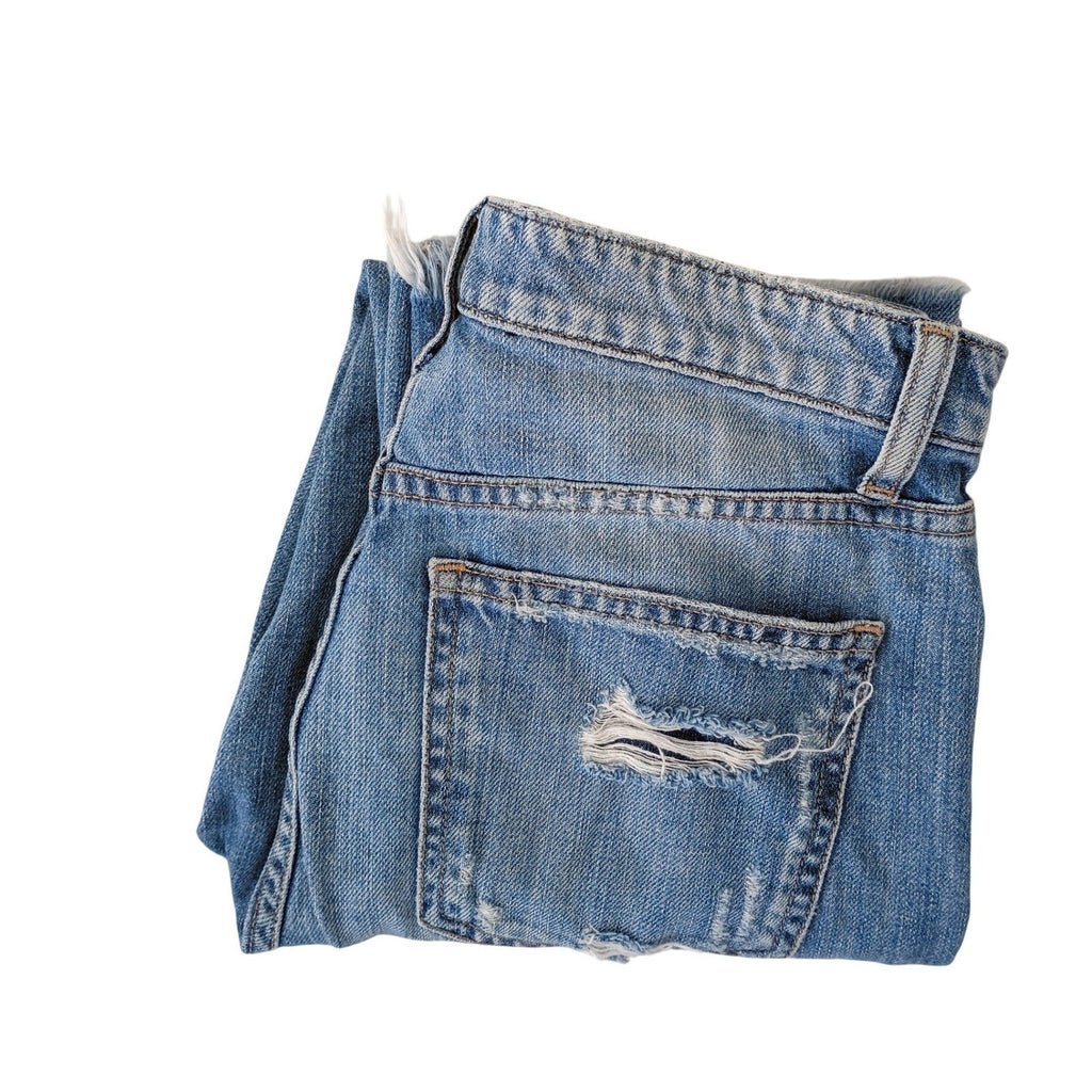 HYPEACH Distressed Boyfriend Jeans Blue Wash Straight Leg Frayed Hem 26/2x27