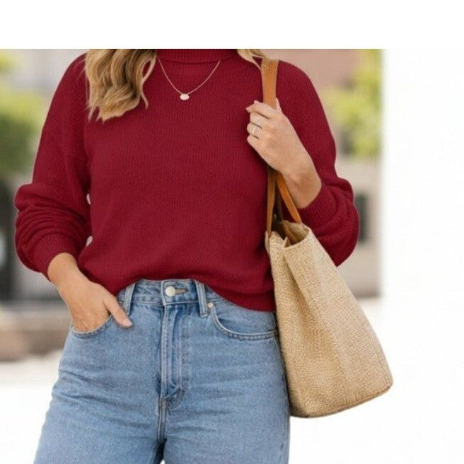 Chico's Red Ribbed Turtleneck Long Sleeve Sweater Mock Neck Fits S