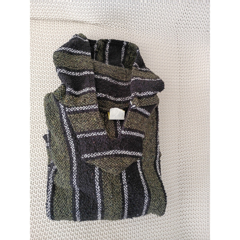 Baja Hoodie Mexican Blanket Womens L Striped Woven Surfer Boho Beach Pullover