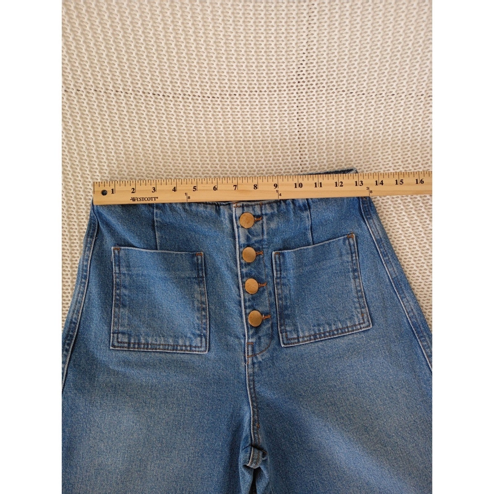 ZARA Super High Rise 13" Wide Leg Jeans Blue Patch Pocket Button Fly 4 W26x25