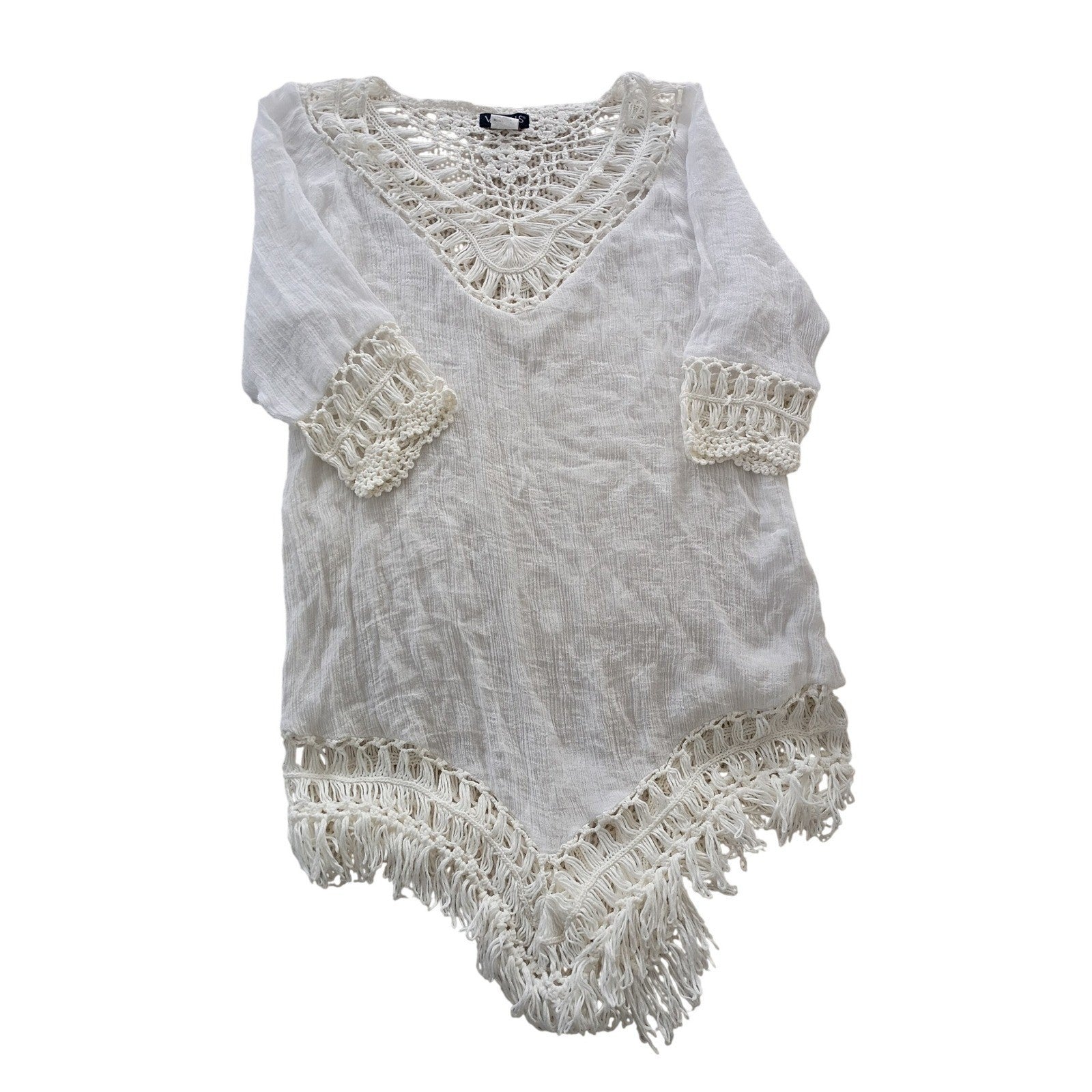 VENUS Made in Italy White Crochet Lace Cotton V Neck Tunic Cover Up Boho L