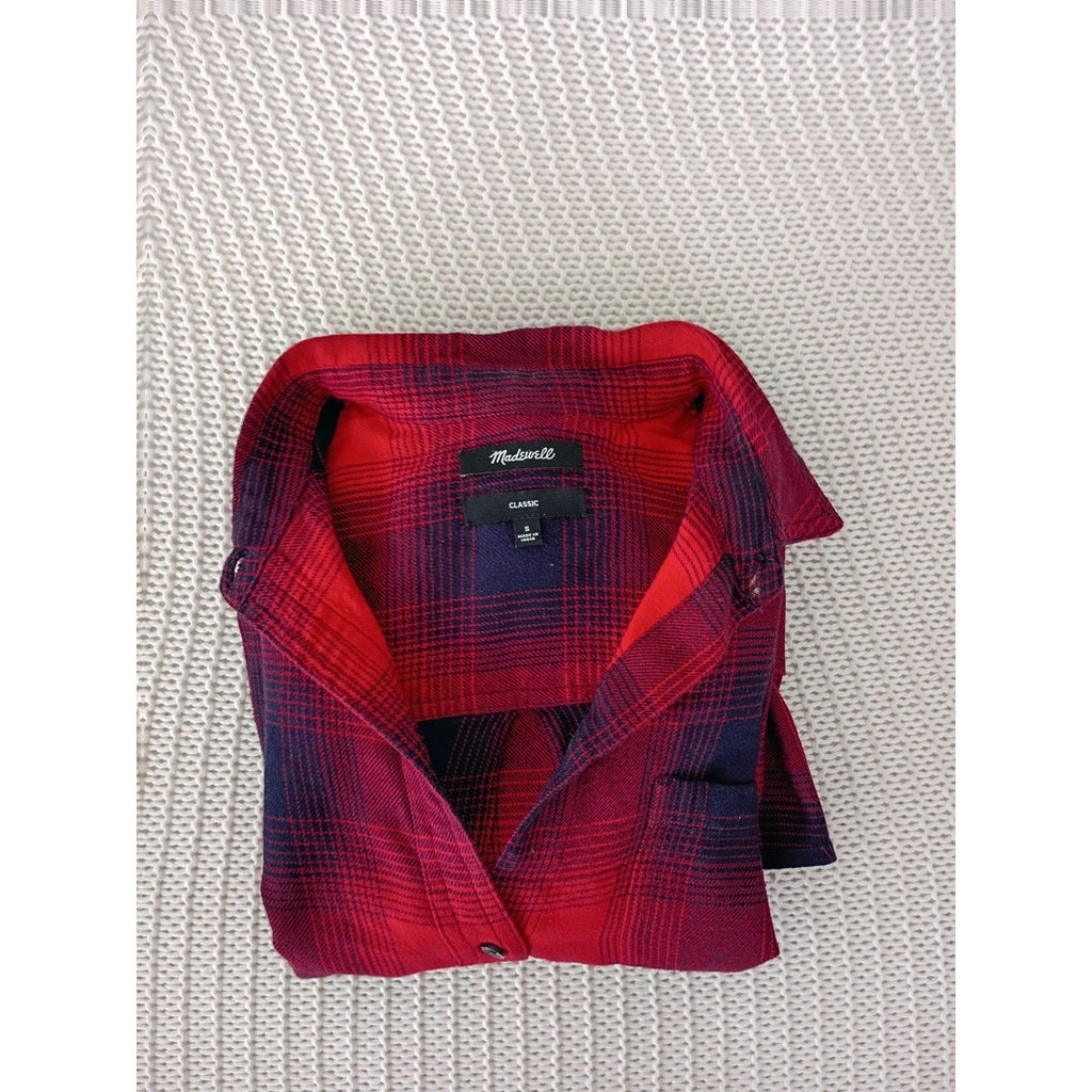 Madewell Red Navy Plaid Button Down Shirt Cotton Blend Hi-Low Hem Fits Women M/L