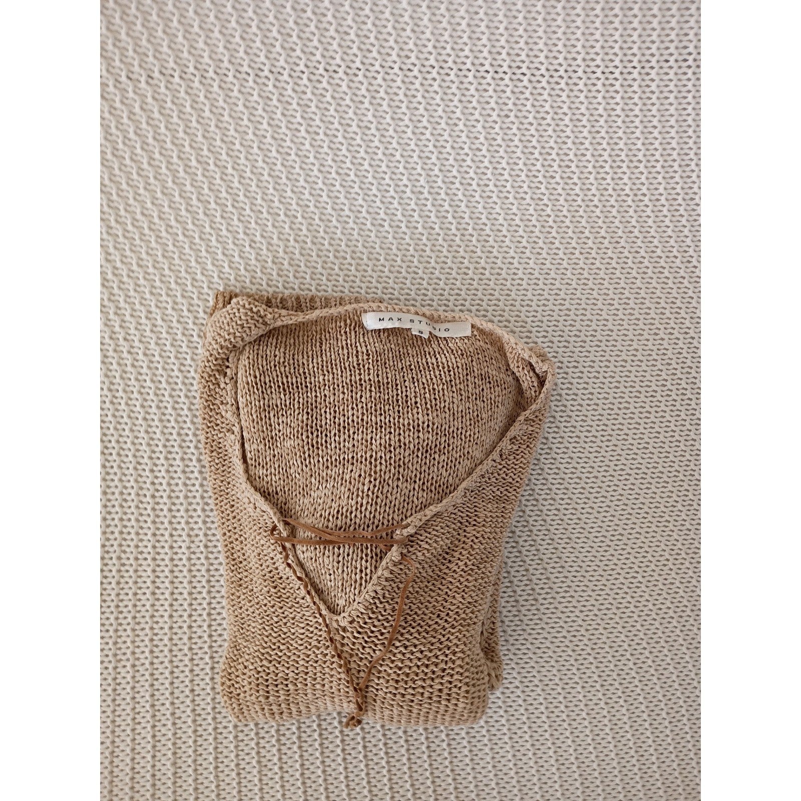 Max Studio Tan Beige Lace Up Hippie V-Neck Open Knit Ribbed Sweater S Coastal