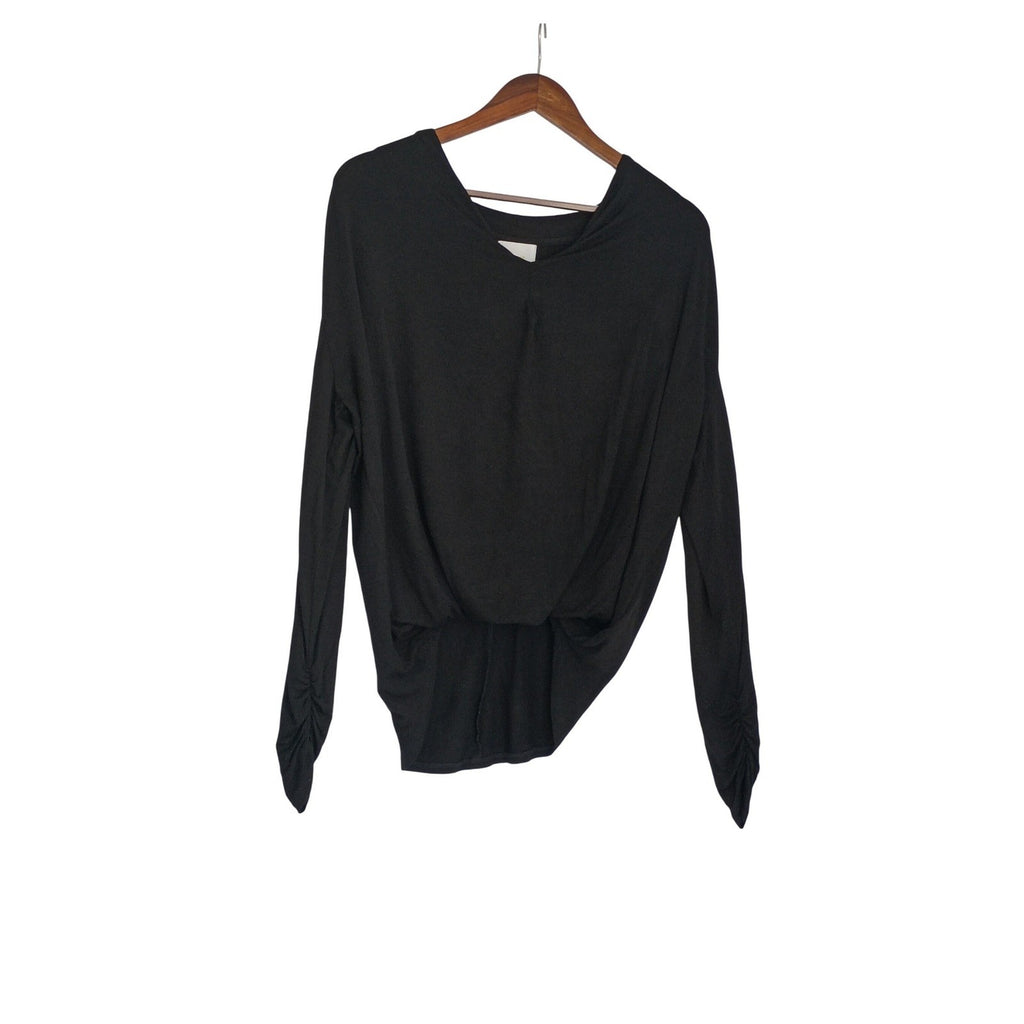 Maeve Anthropologie Black Ruched Draped V-Neck Long Sleeve Blouse S/M Minimalist
