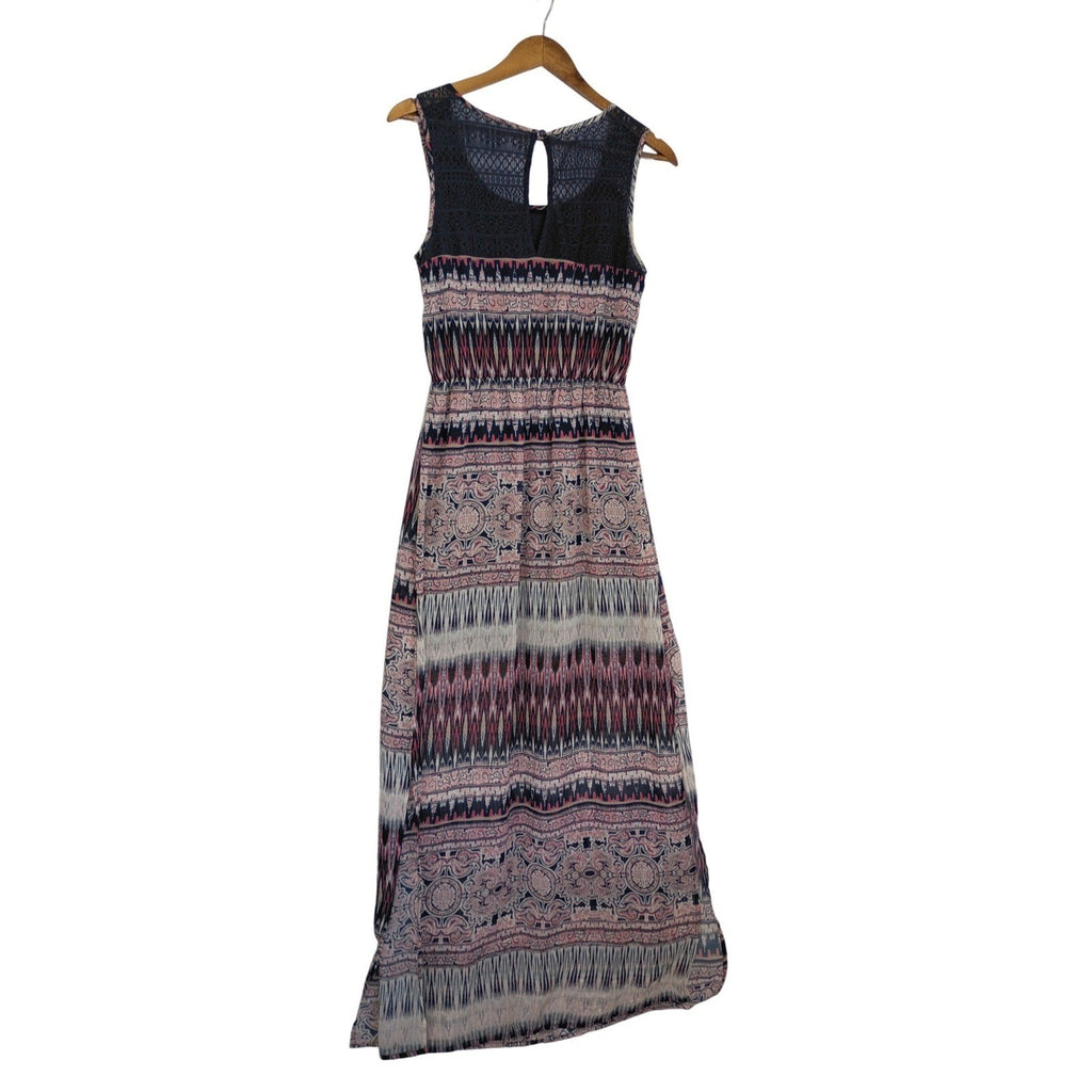 Trixxi Navy Pink Geometric Paisley Lace Sheer Maxi Dress Small Boho Slit Beach