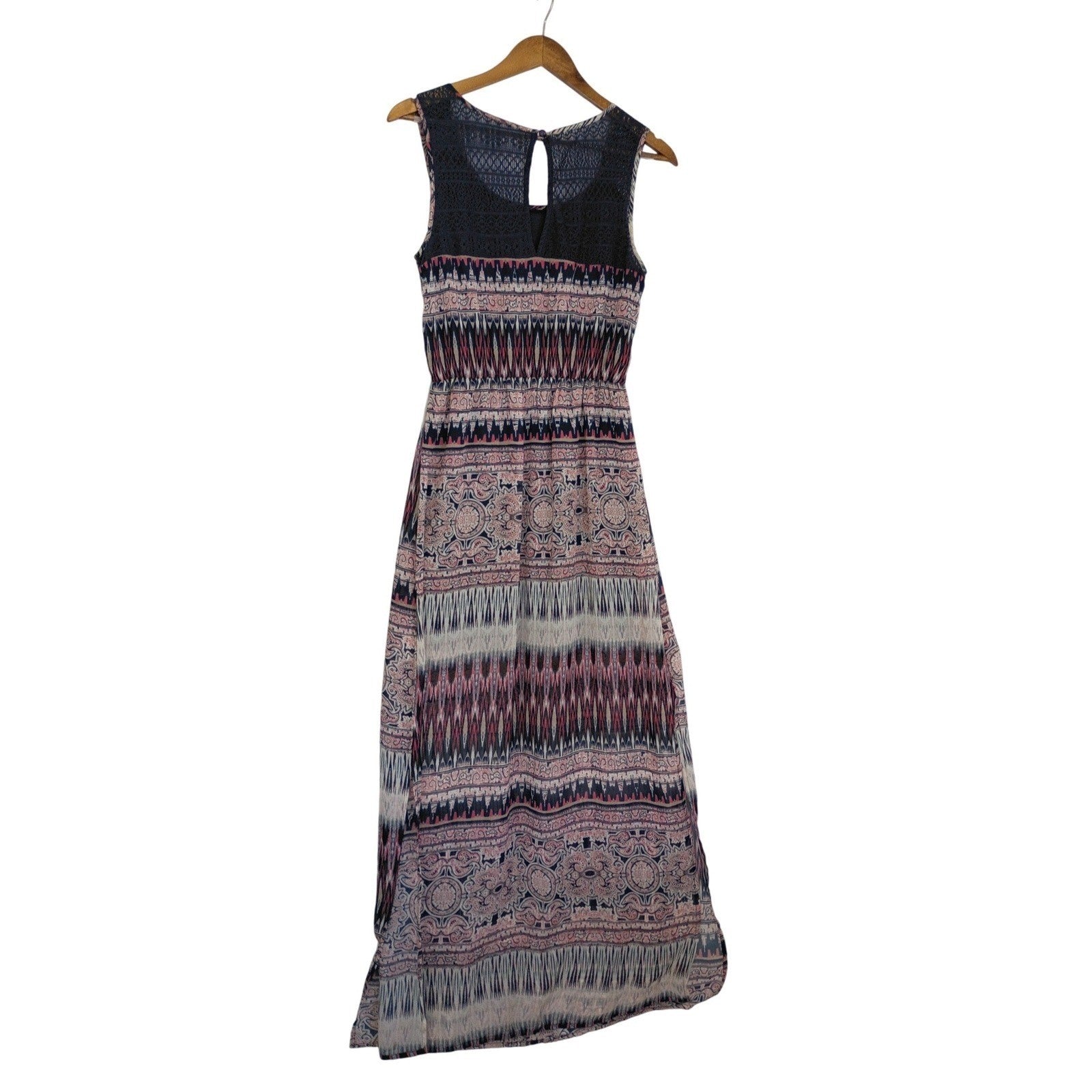 Trixxi Navy Pink Geometric Paisley Lace Sheer Maxi Dress Small Boho Slit Beach