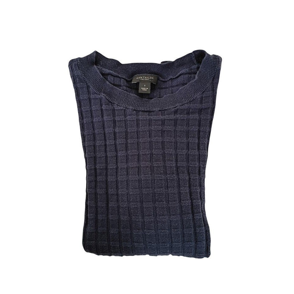 Ann Taylor Cotton Wool Sweater Navy Textured Crew Neck Quiet Luxury S