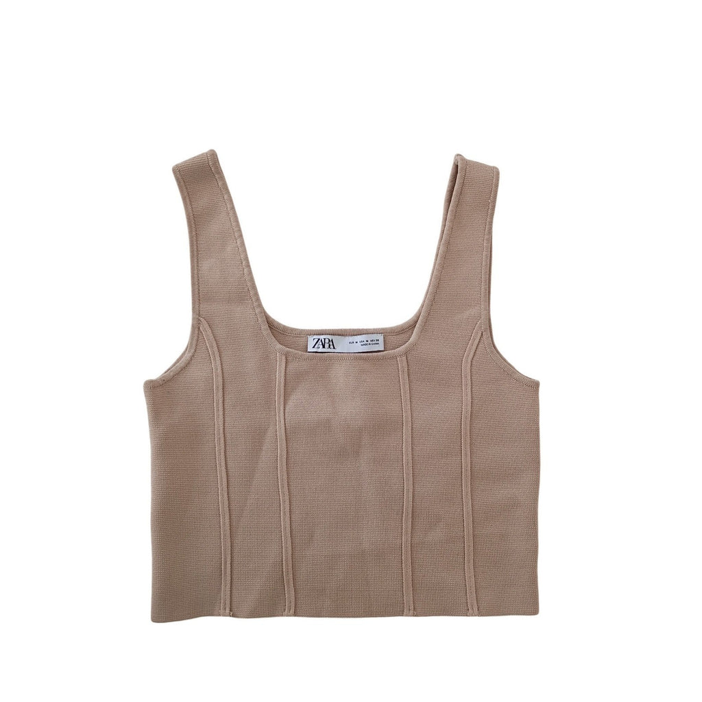 ZARA Knit Tank Top Square Neck Sleeveless Beige Crop Size M