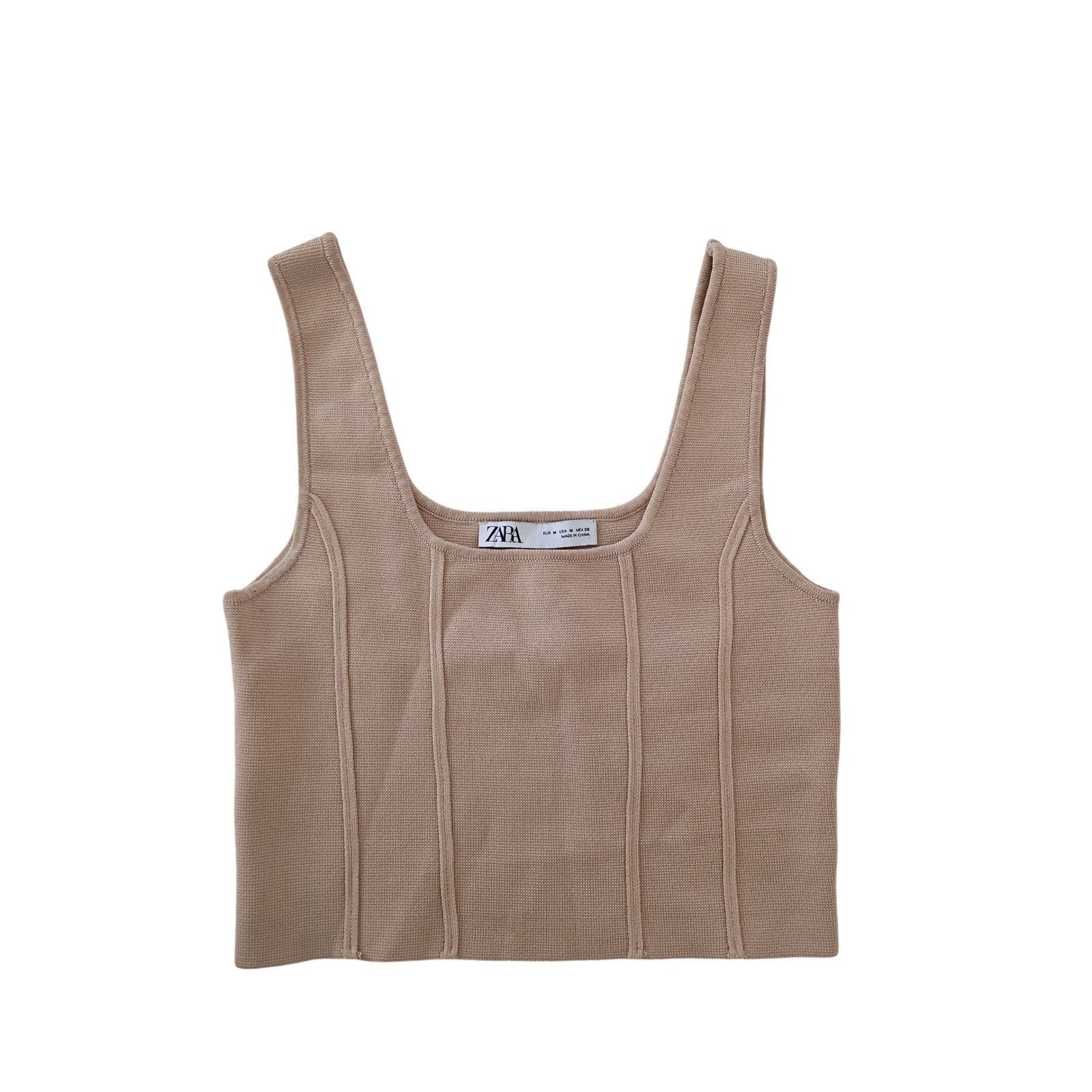 ZARA Knit Tank Top Square Neck Sleeveless Beige Crop Size M
