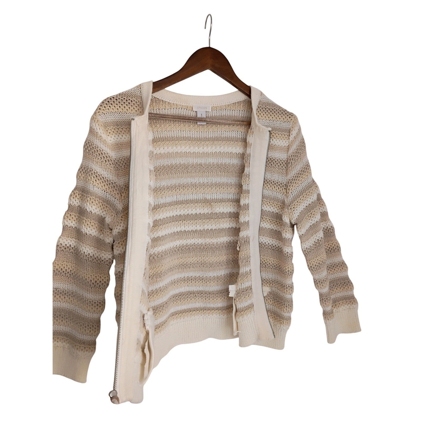 CHICO'S Neutral Zip Cardigan Beige Stripe Cotton Blend M NWOT Effortless Polish