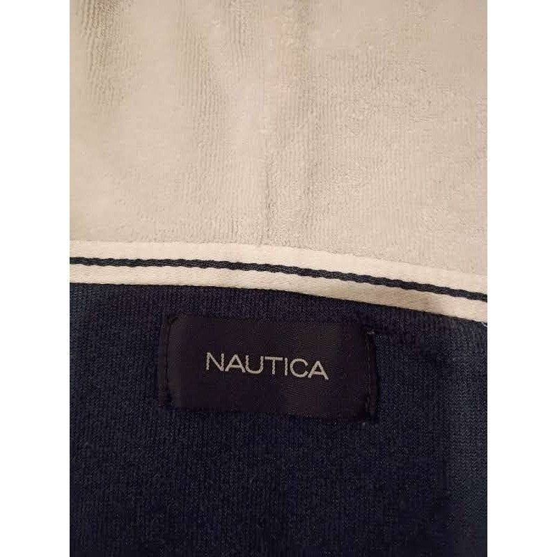 Nautica Velour Cotton Hoodie Pullover V Neck Navy Tan Size S