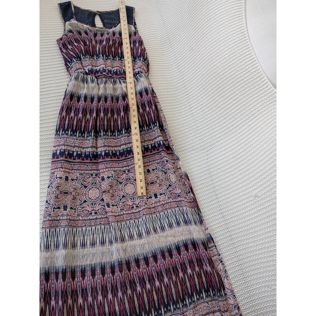 Trixxi Navy Pink Geometric Paisley Lace Sheer Maxi Dress Small Boho Slit Beach