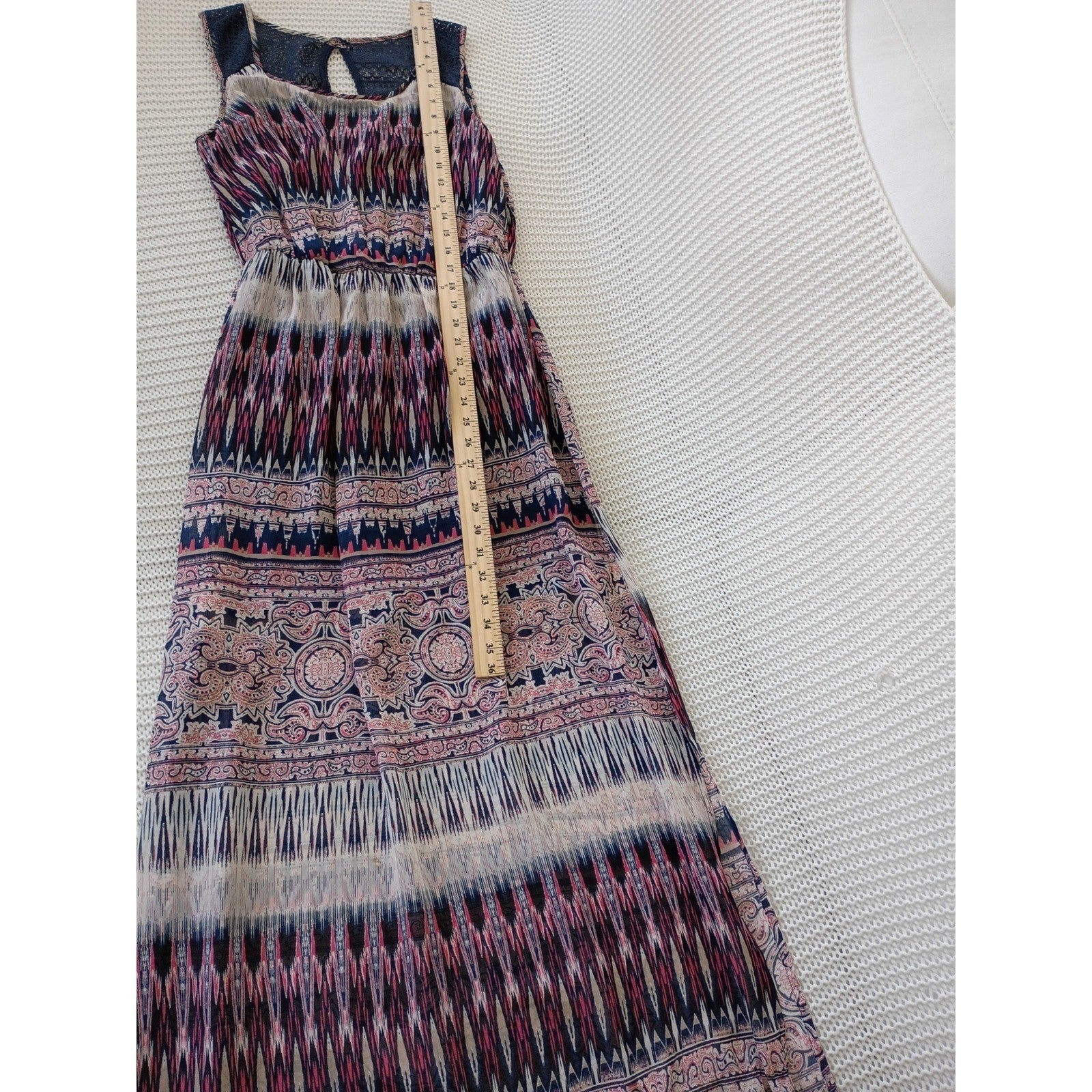 Trixxi Navy Pink Geometric Paisley Lace Sheer Maxi Dress Small Boho Slit Beach