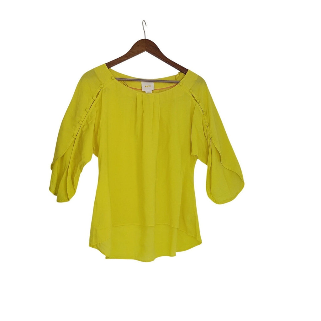 Maeve Anthropologie Citron Yellow Pleated Button Sleeve Rayon Blouse Fits S/M