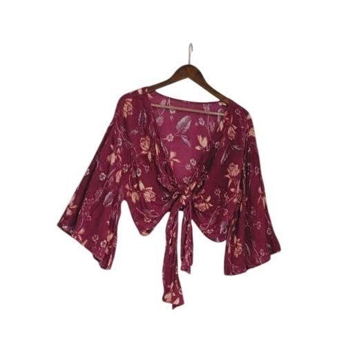 Billabong Berry Pink Floral Tie Front Crop Top S Small V-Neck Boho Surfer Beach