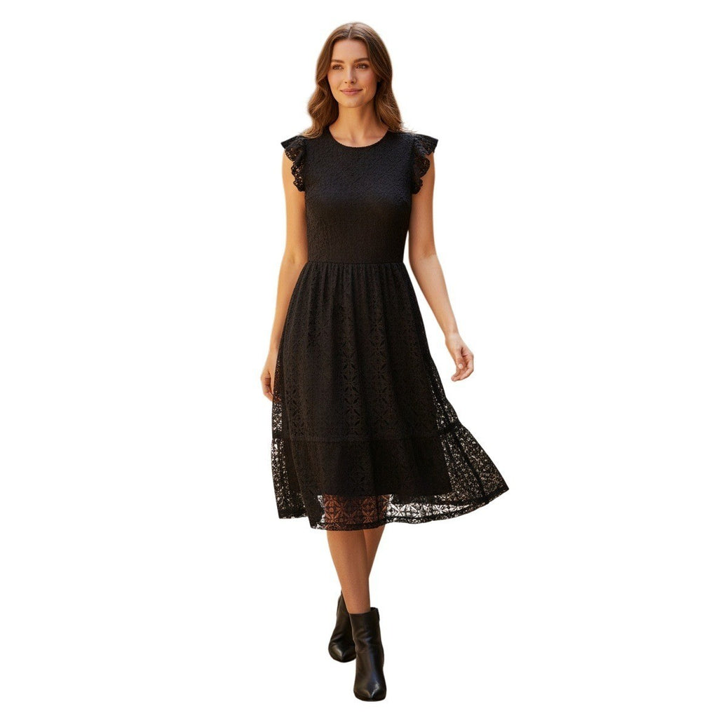 Monteau Black NWOT Coquette Lace Ruffle Sleeve Fit Flare Dress Elegant Feminine