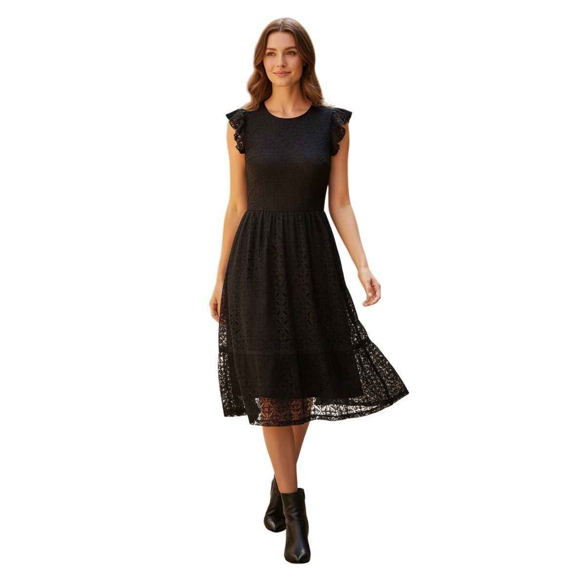 Monteau Black NWOT Coquette Lace Ruffle Sleeve Fit Flare Dress Elegant Feminine