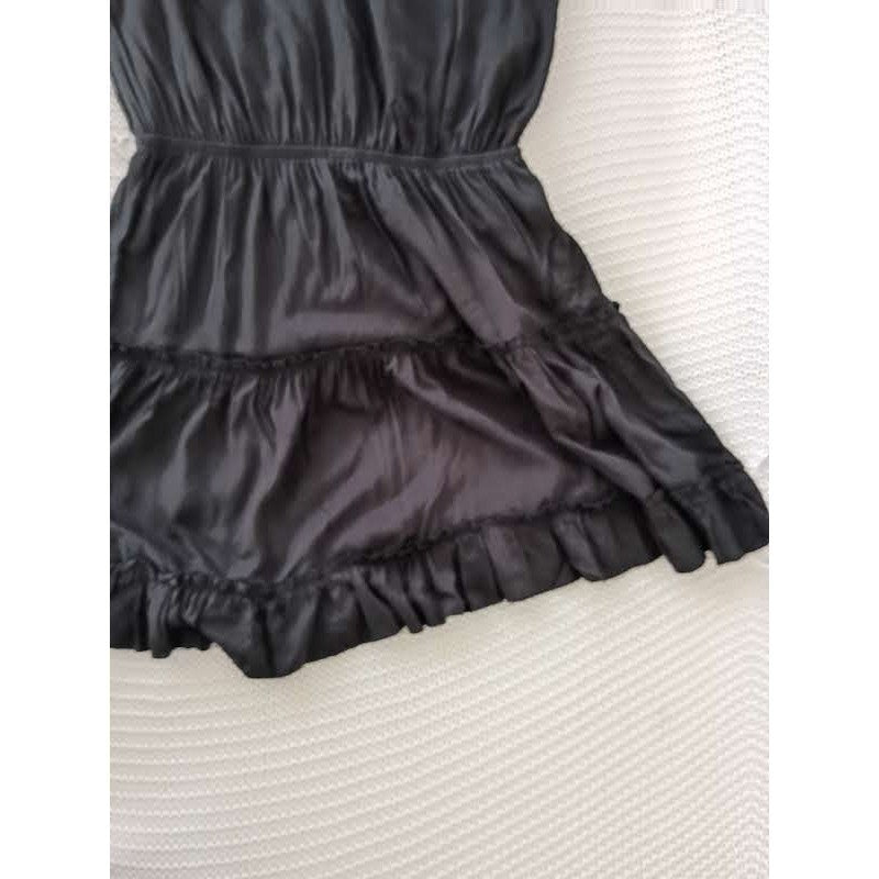 Insulation 100% Cotton Tiered Mini Dress M Black Ruffle Tie Neck Boho Dainty LBD