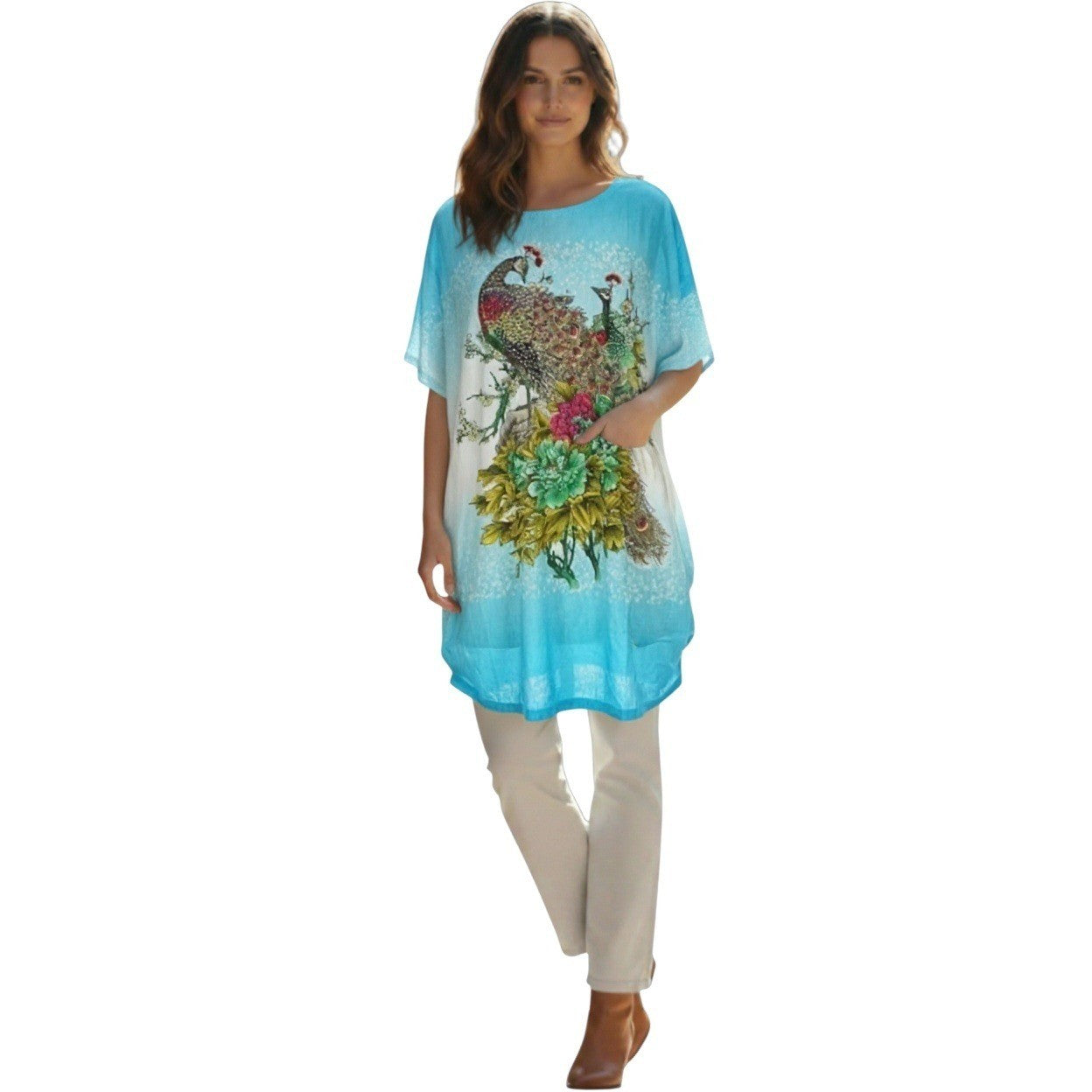 I STYLE Tropical Turquoise Blue Peacock Floral Print Sht Sleeve Tunic Top L