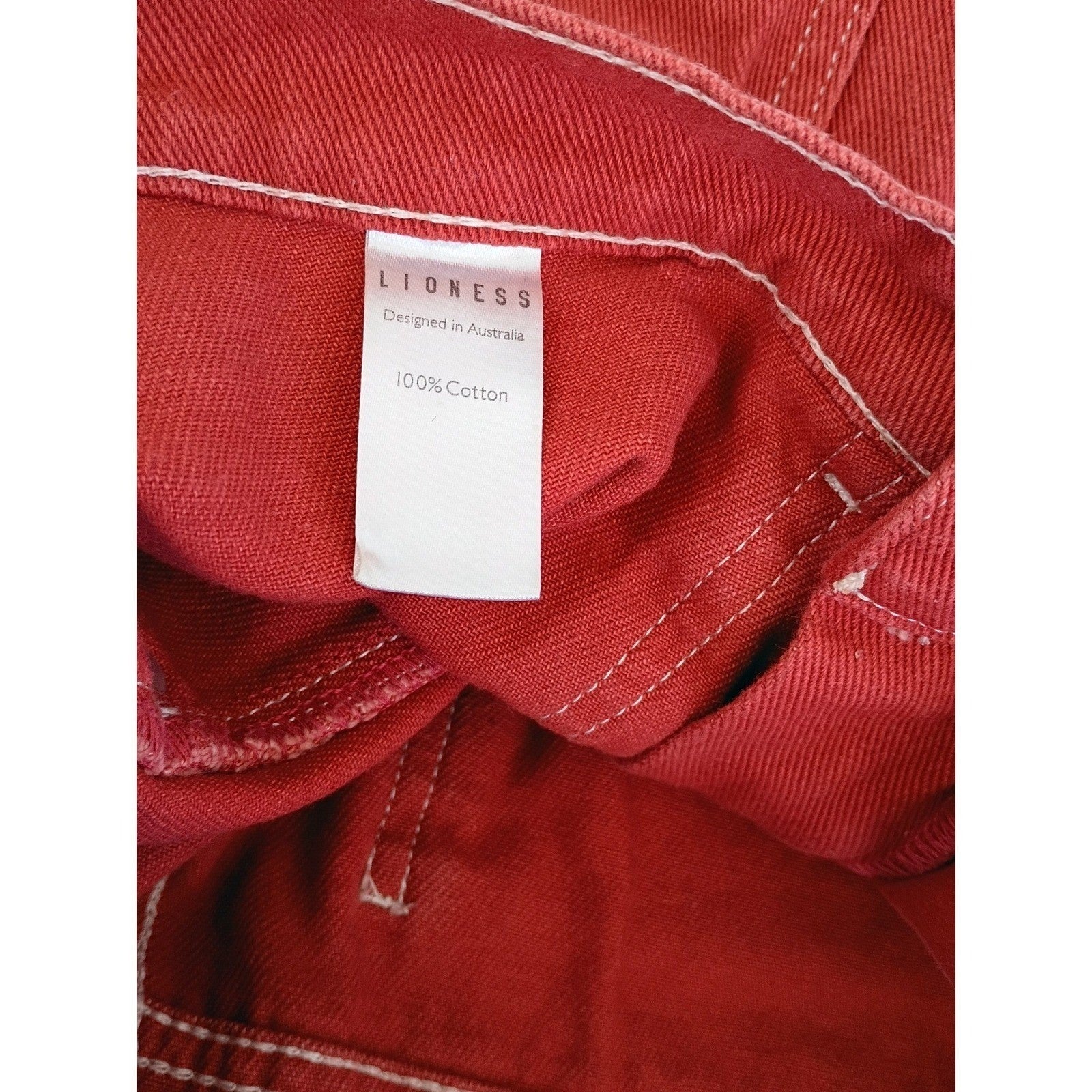 Lioness Australia Red Wide Leg Cargo Pant Contrast Stitch Cotton Denim W Size 27