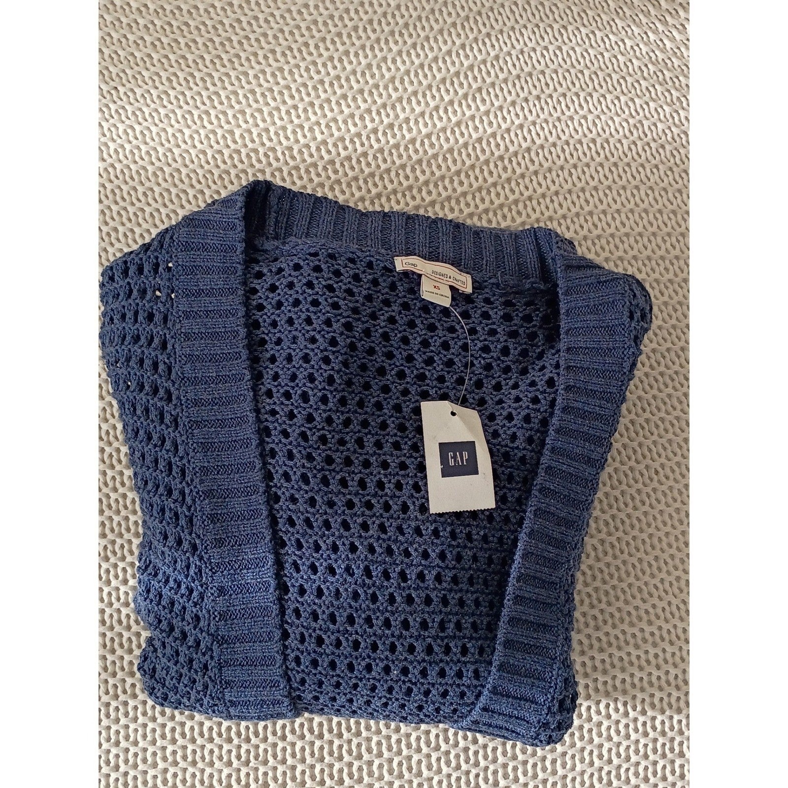 GAP NWT 100% Cotton Mesh Blue Crochet Knit Cardigan Longline Open Cozy Layer S