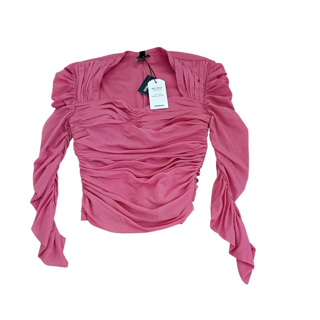 Express Body Contour Ruched Mesh Sweetheart Top Dark Rose Pink XS NWT