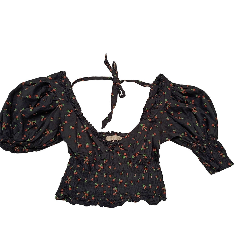 Urban Outfitters Navy Floral Puff Sleeve Smocked Top S Tie Back Coquette Boho