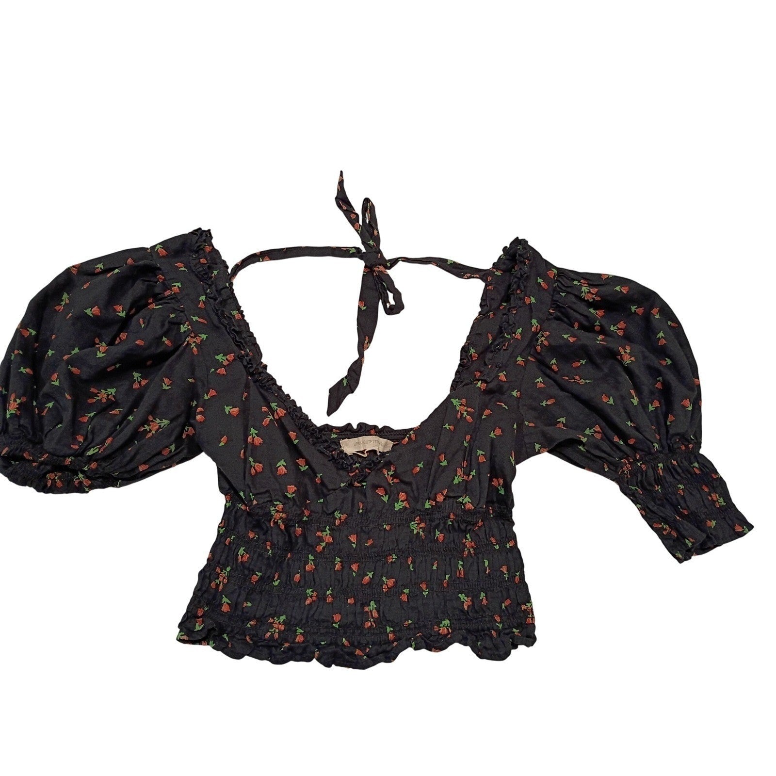 Urban Outfitters Navy Floral Puff Sleeve Smocked Top S Tie Back Coquette Boho