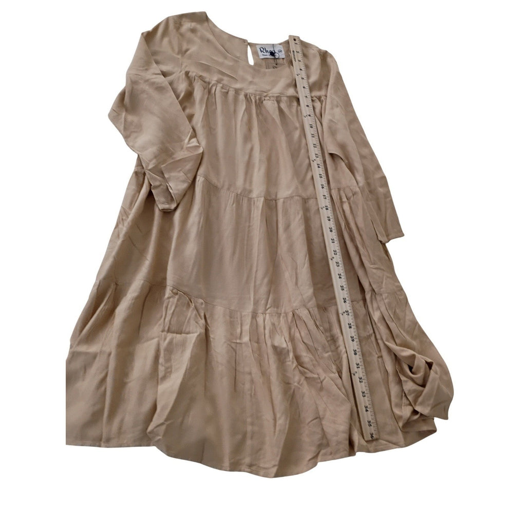 Rhea NWT BOHO Handmade Cotton Block Print Tunic Gold Tiered Bell Sleeve M/L