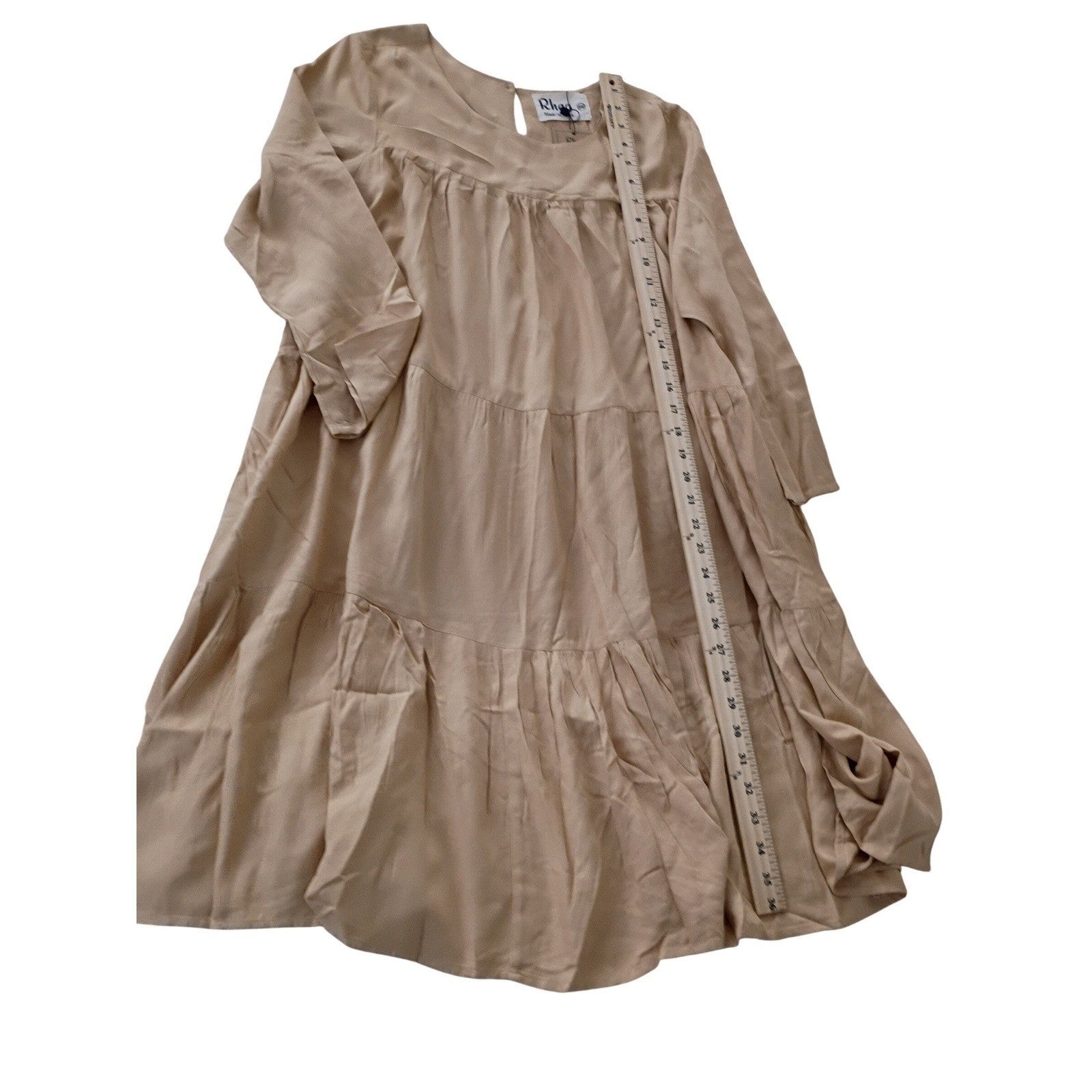 Rhea NWT BOHO Handmade Cotton Block Print Tunic Gold Tiered Bell Sleeve M/L