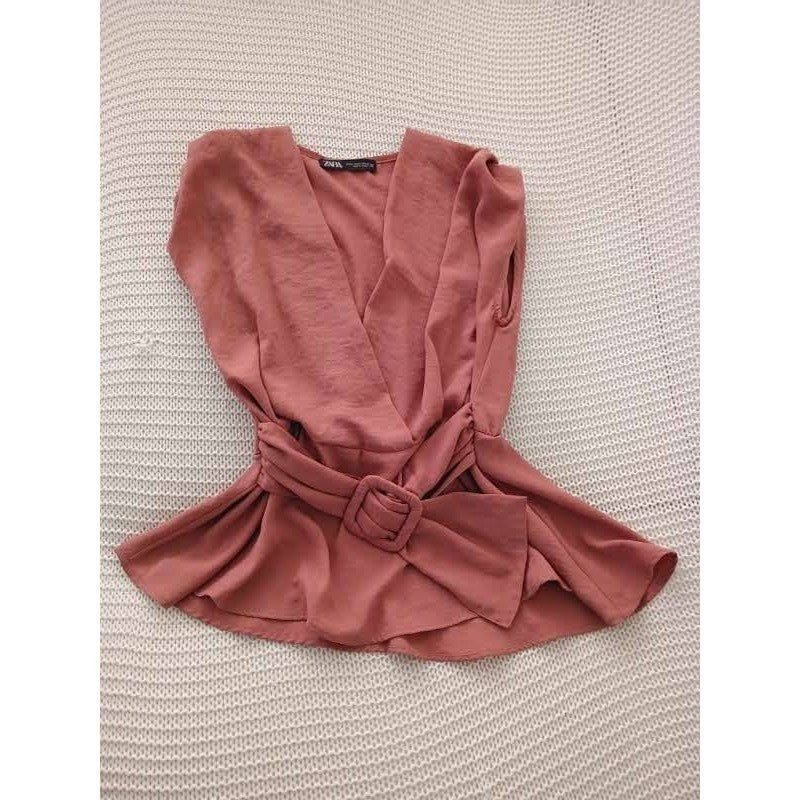 Zara Dusty Rose Pink Peplum Wrap Top Belted V-Neck Sleeveless Fits S Small 2 4