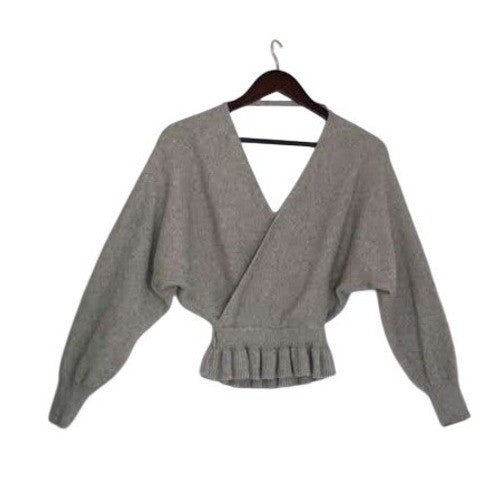 LULUS Grey Ribbed V-Neck Dolman Sleeve Ruffle Hem Sweater Top M