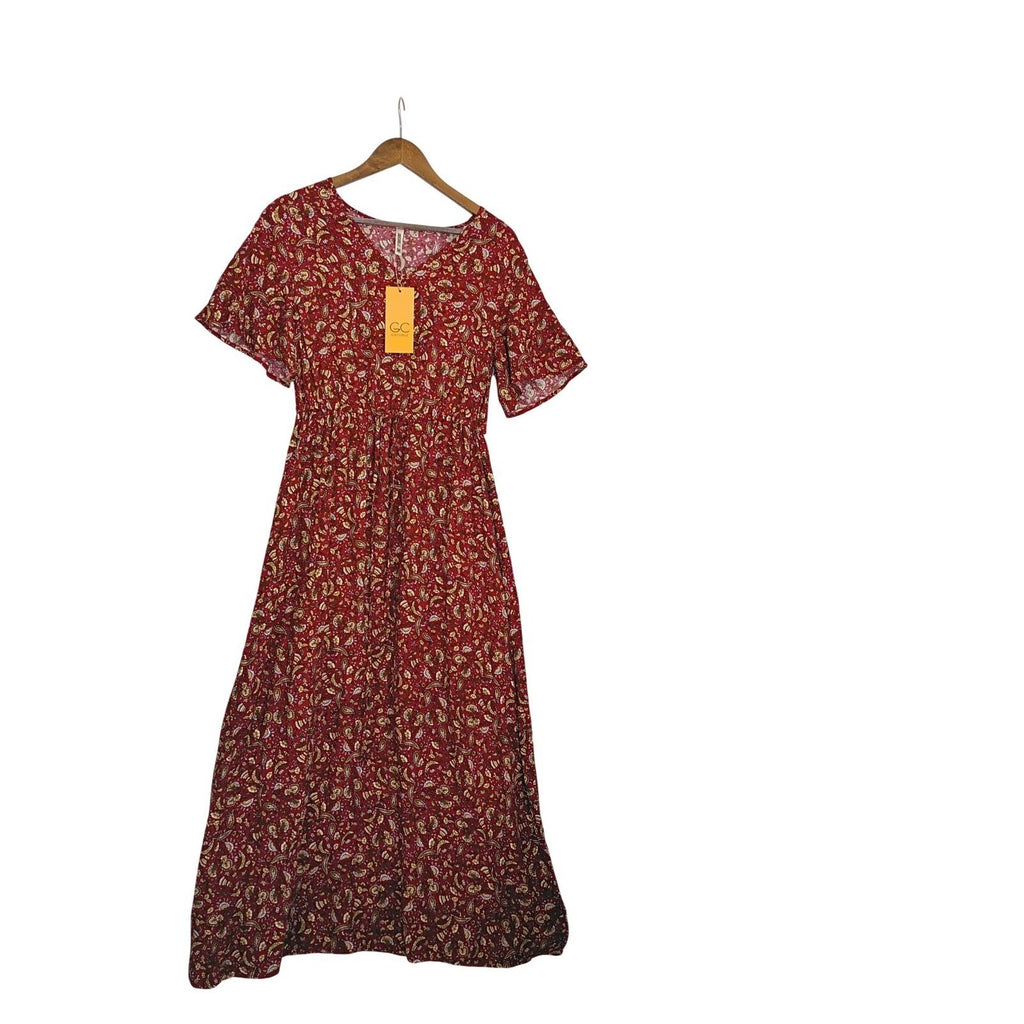 NWT Grecerelle Red Paisley Floral Maxi Dress V-Neck Short Sleeve Elastic Waist M