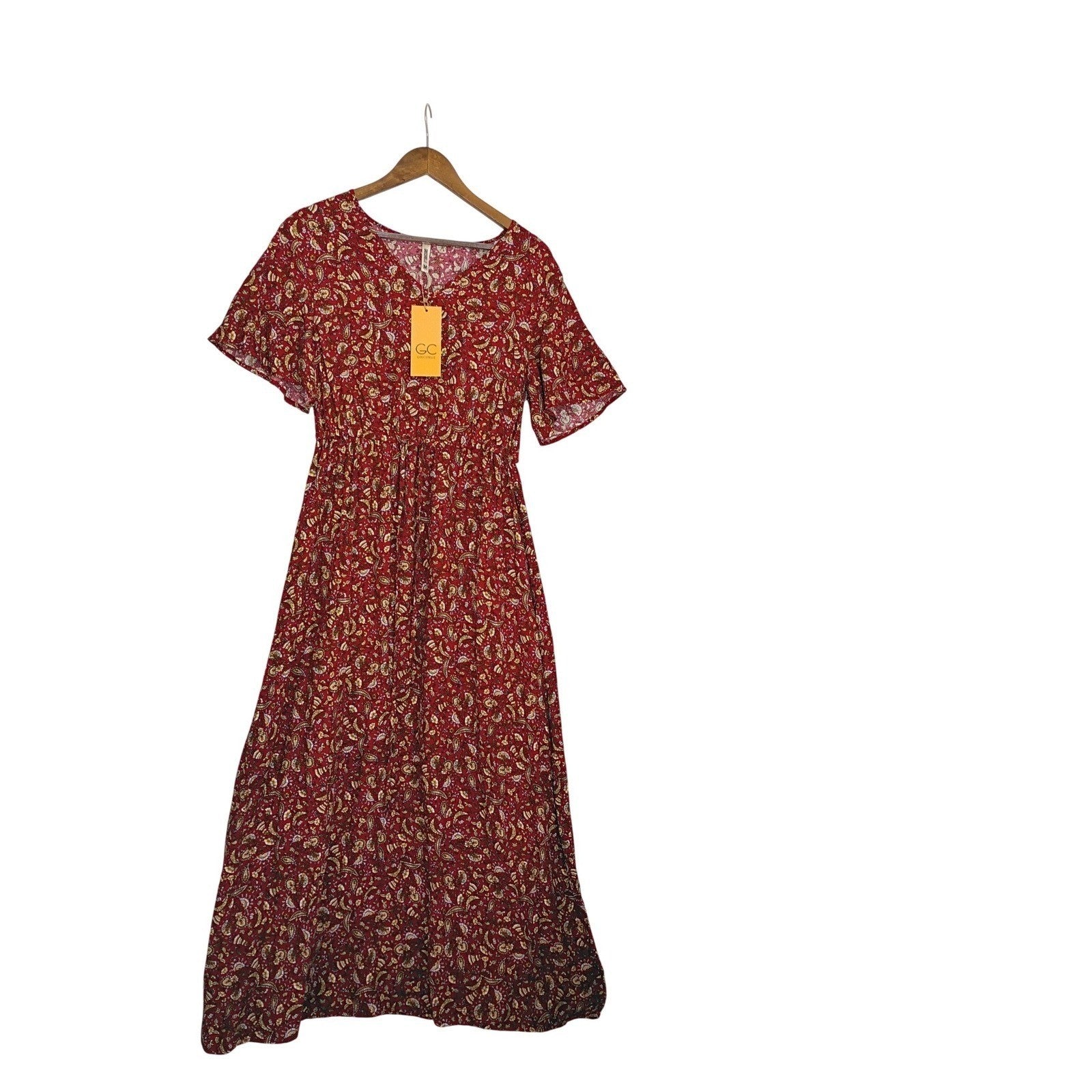 NWT Grecerelle Red Paisley Floral Maxi Dress V-Neck Short Sleeve Elastic Waist M