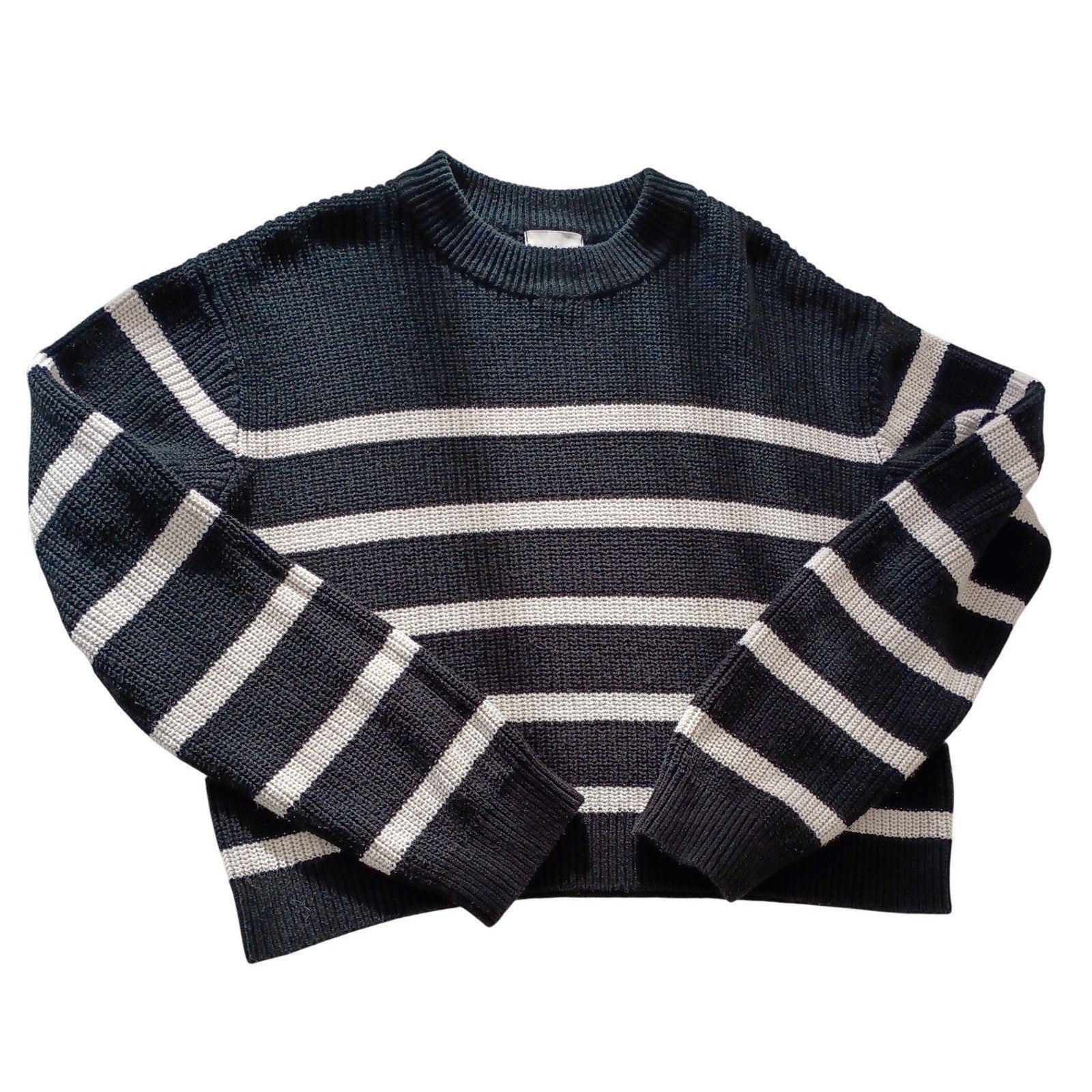 H&M Striped Coastal Cotton Blend Sweater Navy White Crew Neck Fits S/M Ribbed