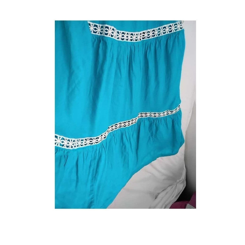 Rachel Zoe Linen Blend Tiered Midi Dress Teal Crochet Lace Boho Cottage S