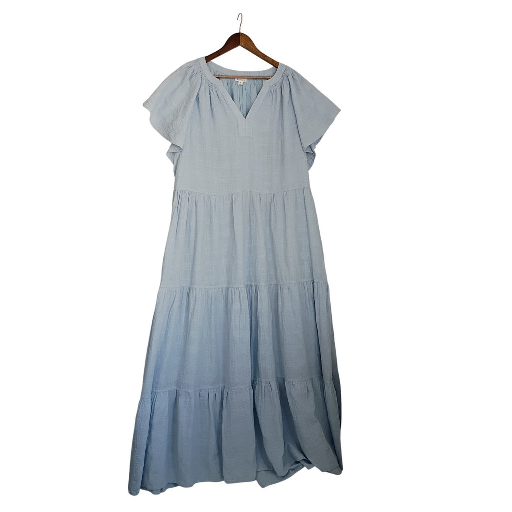 Market & Spruce Light Blue Tiered Maxi Dress XL V-Neck Flutter Sleeve Cotton Bld