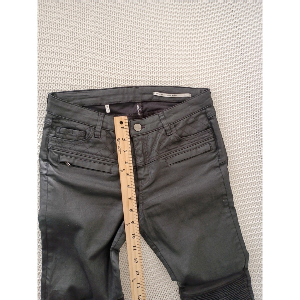 Zara Black Coated Moto Pants 28x28 Night Out Sleek Faux Leather Biker Ankle Zip