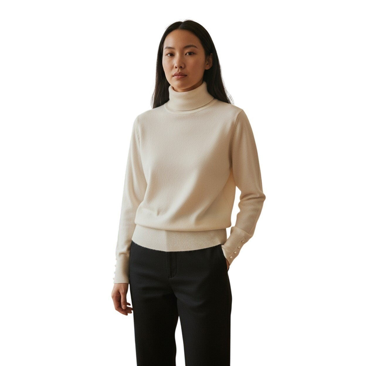 JM Collection Petite Ivory Turtleneck Sweater Button Cuffs Pullover Size P S